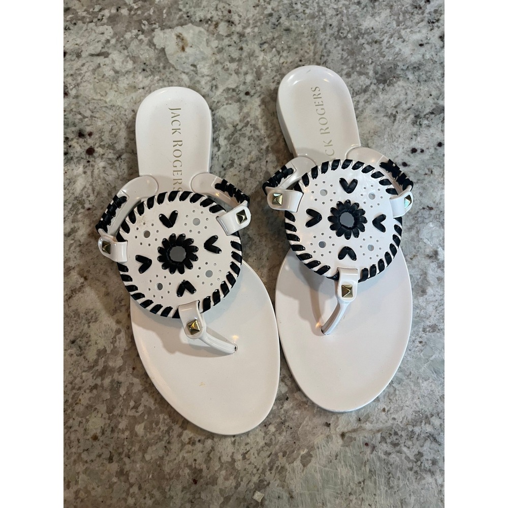 Jack Rogers Georgica Jelly Sandals White Black Studded Thong Flip Flops Womens 7